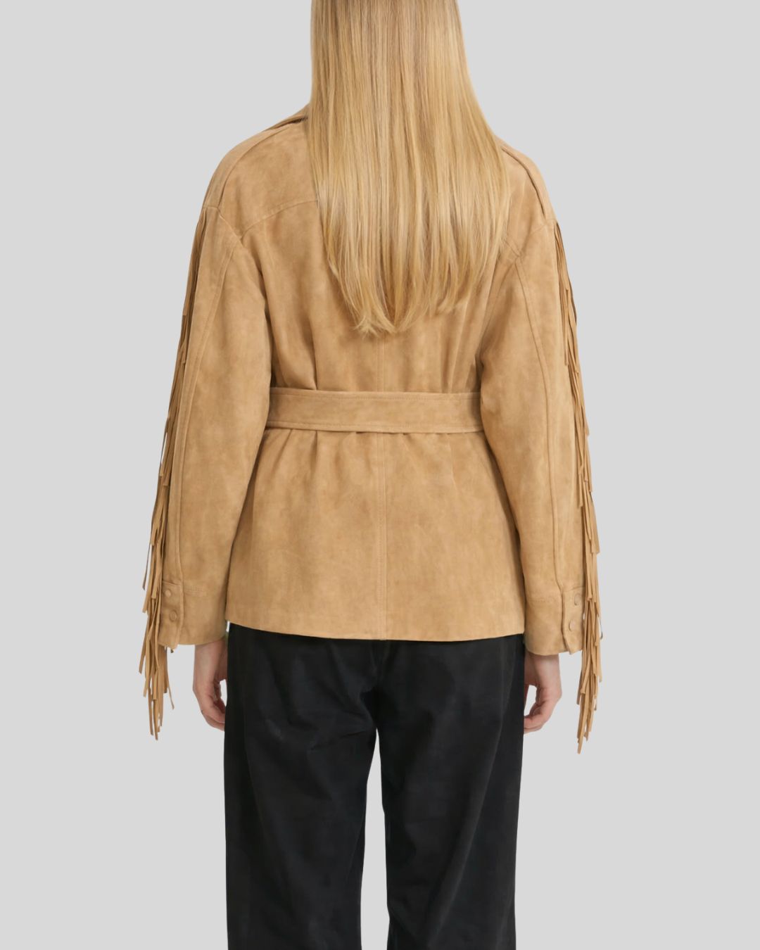 Front view of tan suede fringe jacket women