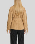 Back view of tan suede fringe jacket women