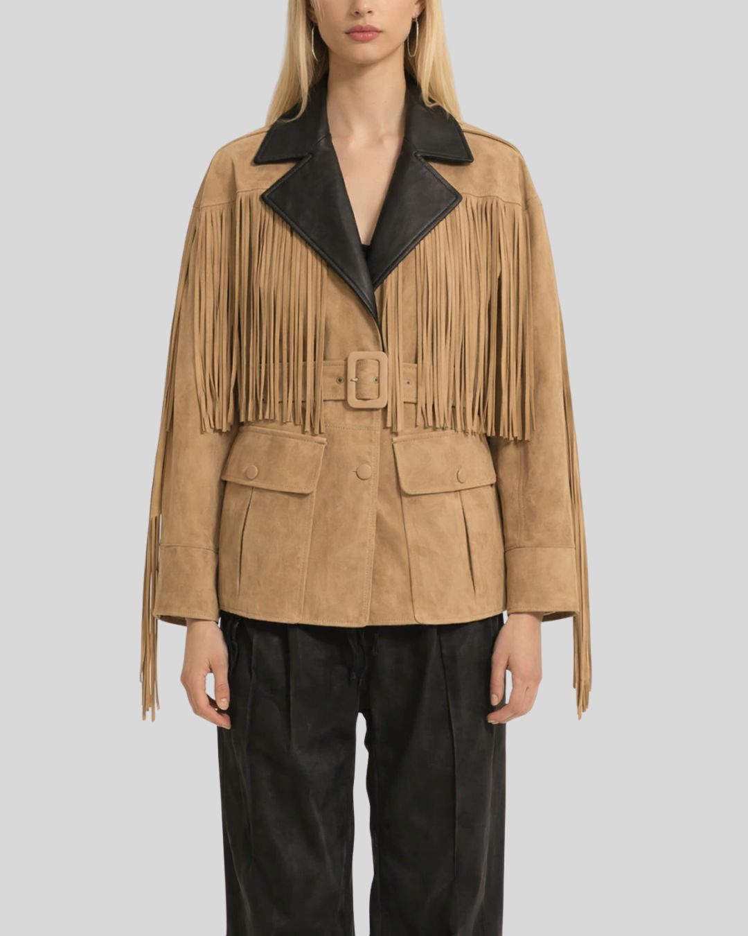 Front view of tan suede fringe jacket women