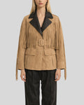 Front view of tan suede fringe jacket women