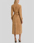 Back view of tan suede trench coat for women