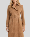 Front view of tan suede trench coat for women