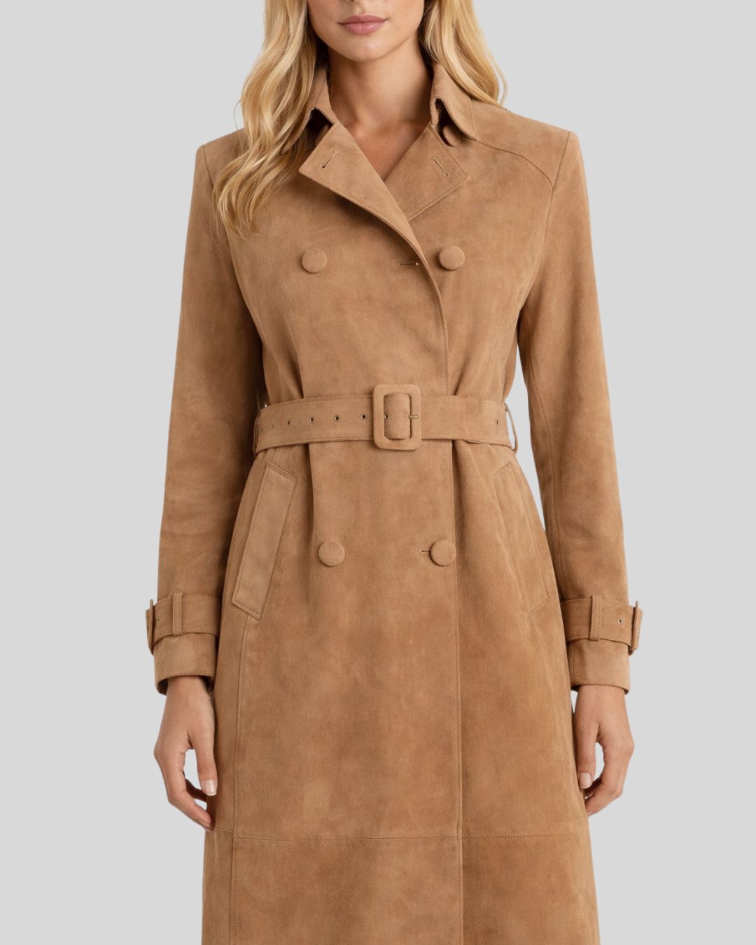 Front view of tan suede trench coat for women