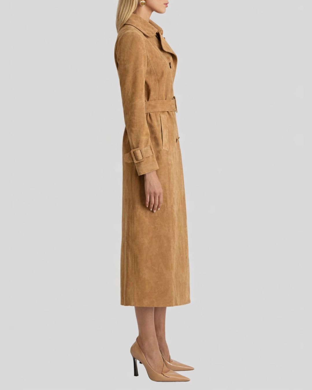 Full-length view of chic tan suede trench coat for women