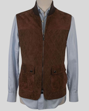 front view of mens quilted suede vest in dark brown sheepskin