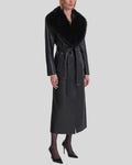 Side angle of Toscana black leather coat with faux fur collar