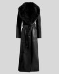 Front view of Toscana black leather coat women with faux fur collar