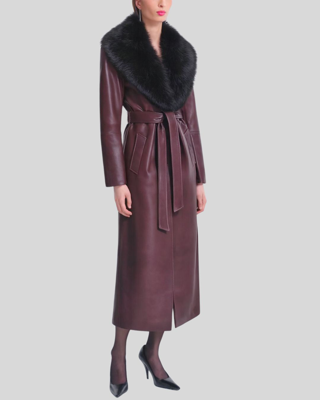 Burgundy Faux Fur Leather Trench Coat – Front
