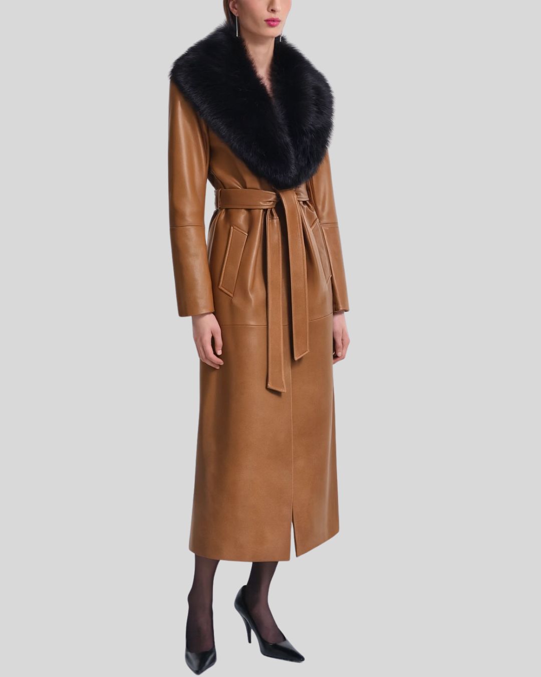Studio flat front view of caramel faux fur leather trench coat