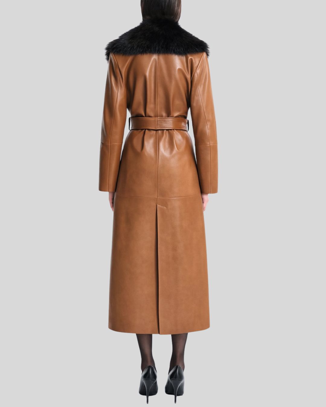 Studio flat front view of caramel faux fur leather trench coat