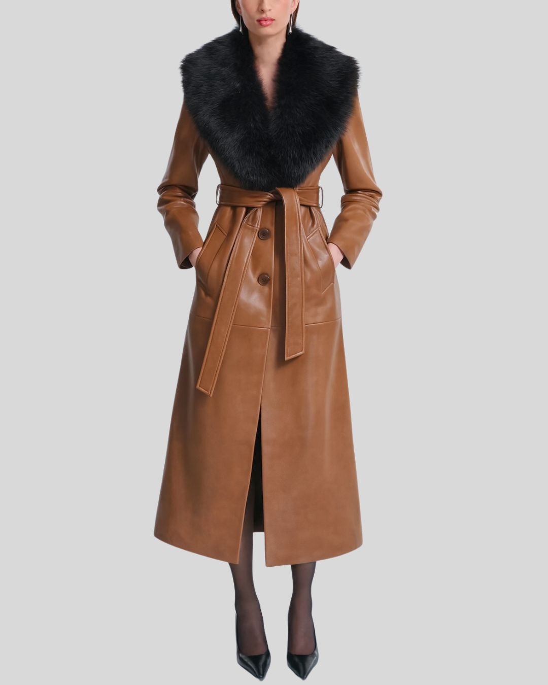 Front view of Toscana caramel leather coat women with faux fur collar