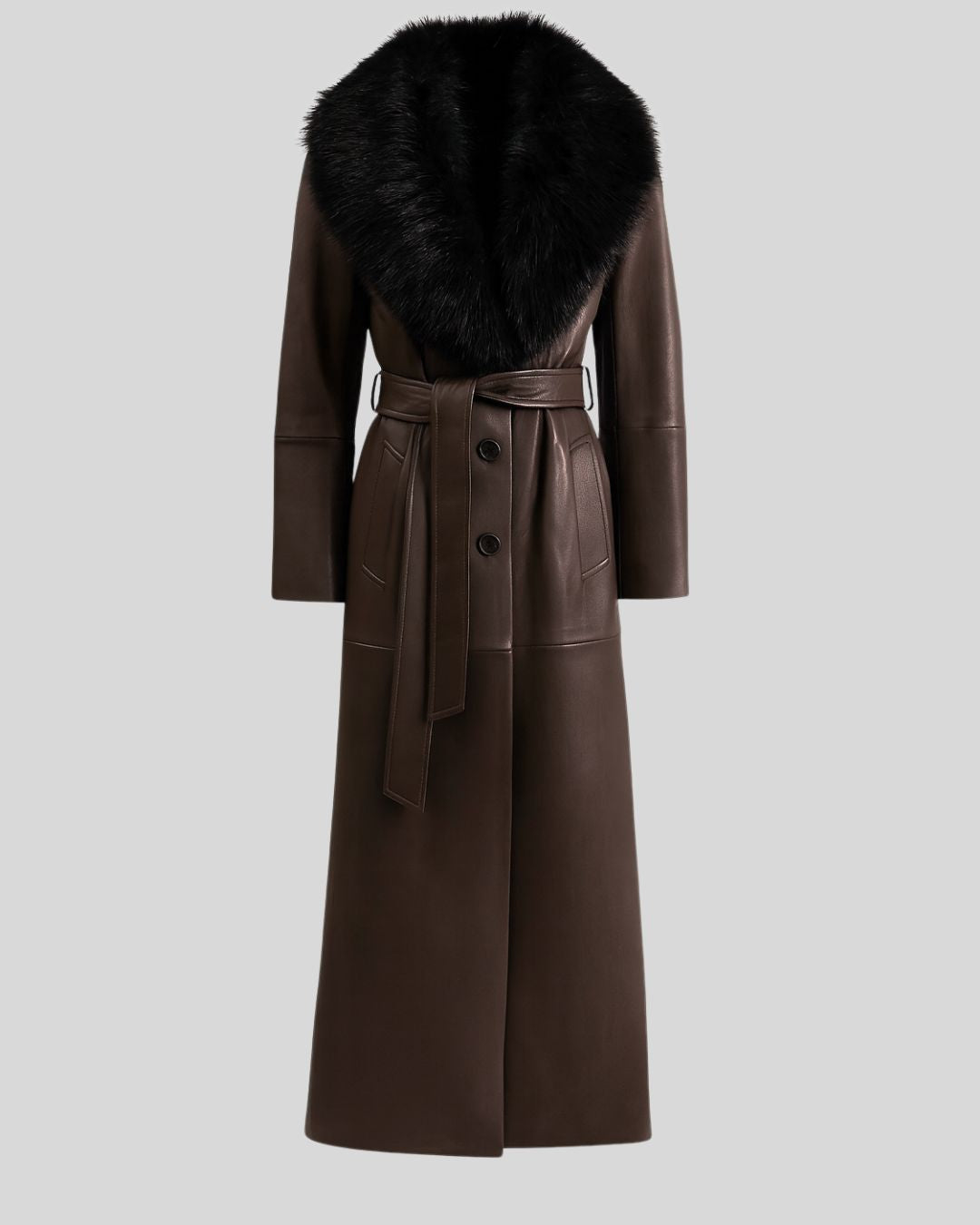 Toscana dark brown leather coat women front view with faux fur collar