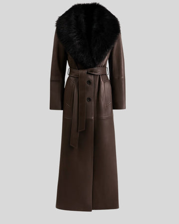 Toscana dark brown leather coat women front view with faux fur collar