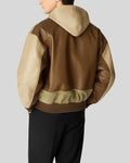 Back view of brown and khaki men's leather bomber hoodie