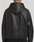 Alternate angle of back in black leather varsity hoodie