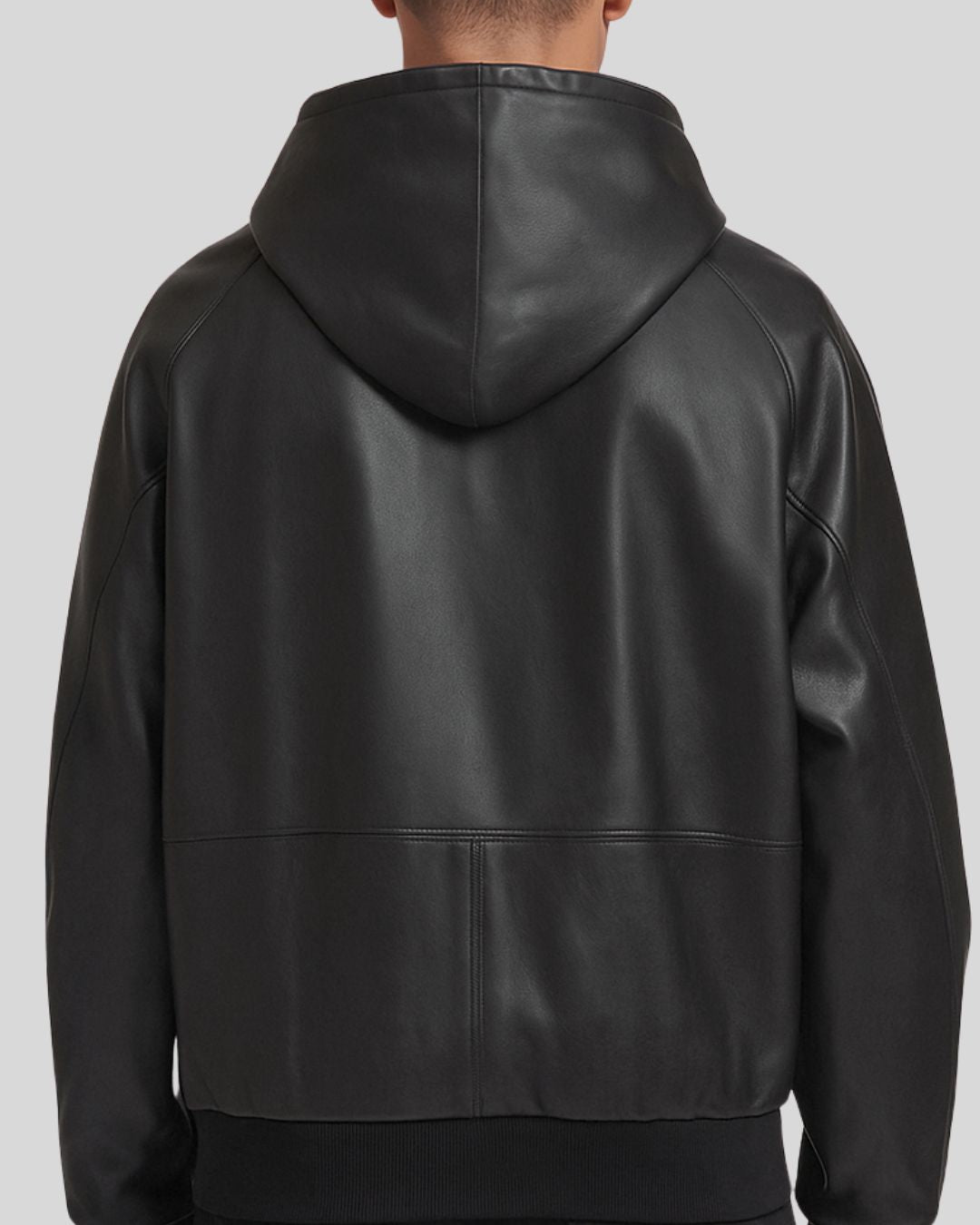 Alternate angle of back in black leather varsity hoodie