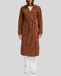  Woman in long chocolate brown suede trench coat open at front

