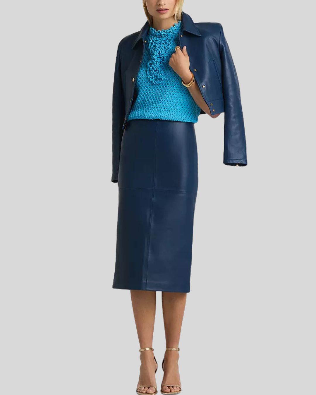 Blue leather midi skirt high-waisted front view - Azure Eclipse Skirt