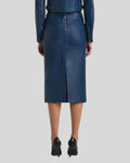Back view blue leather midi skirt with center slit detail - Azure Eclipse Skirt
