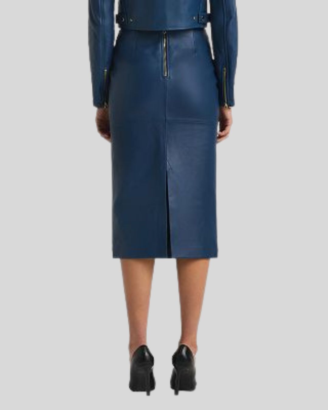 Back view blue leather midi skirt with center slit detail - Azure Eclipse Skirt
