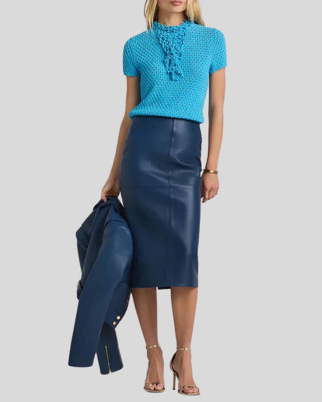  Blue leather midi skirt styled with crochet blue sweater outfit - Azure Eclipse Skirt
