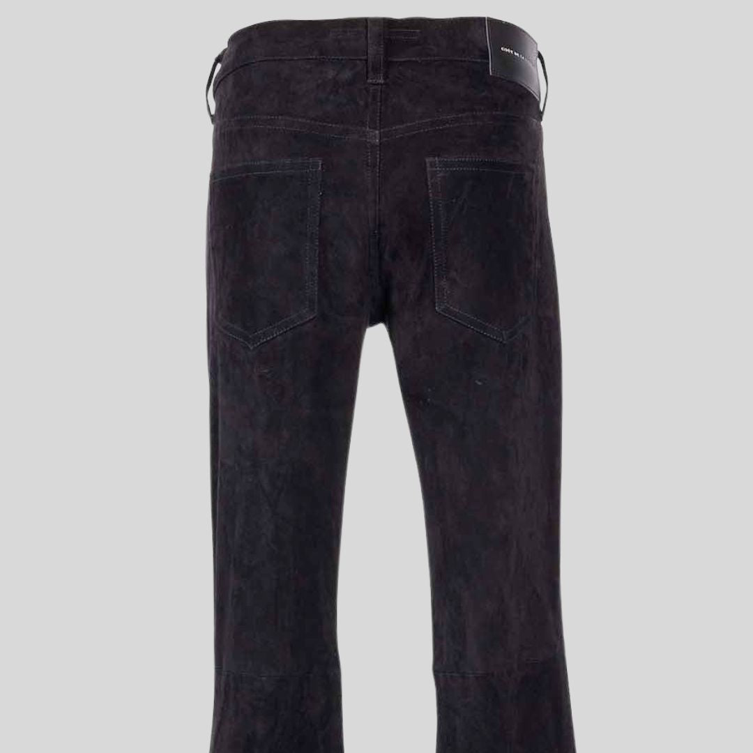 back close detail of suede flare pants