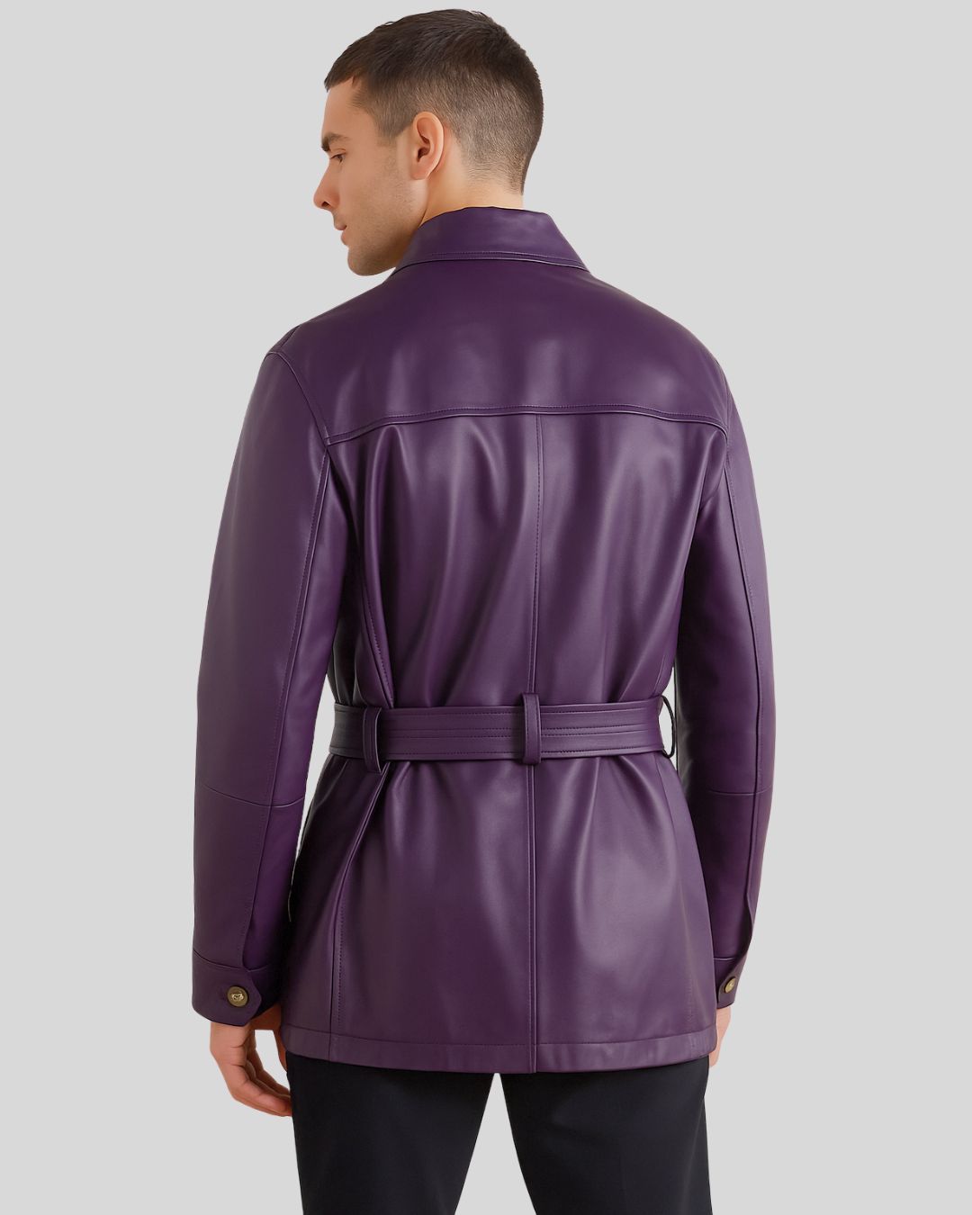 Front view of purple leather safari jacket with belted waist