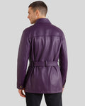 Back view of belted purple leather utility jacket