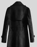 Back detail of long black suede trench coat for men