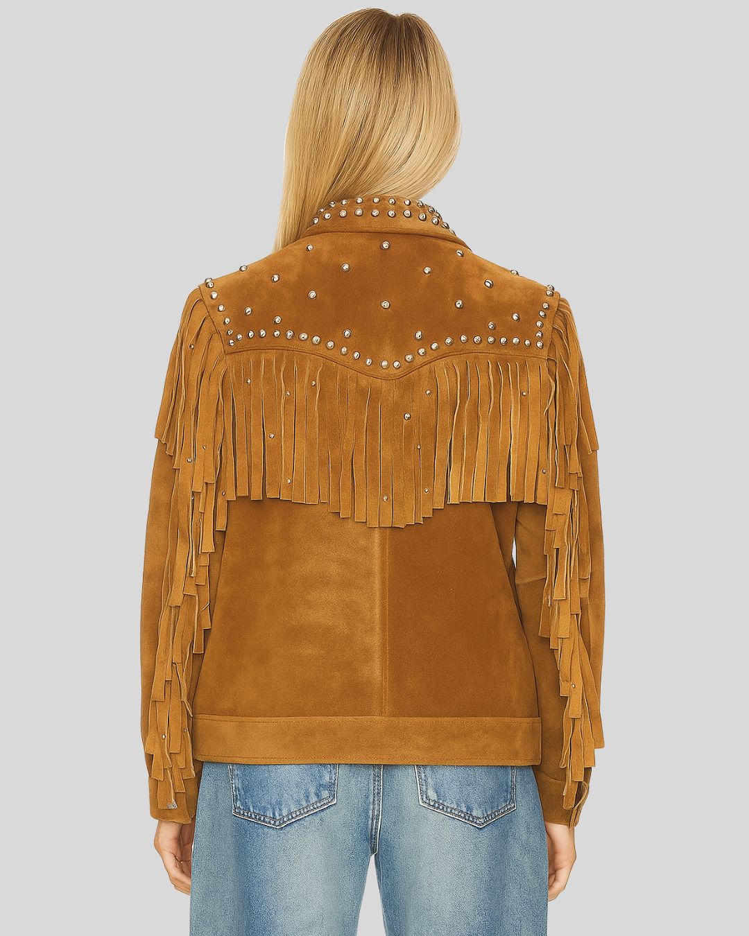 Back Detail of Vintage Suede Fringe Jacket with Western Studs