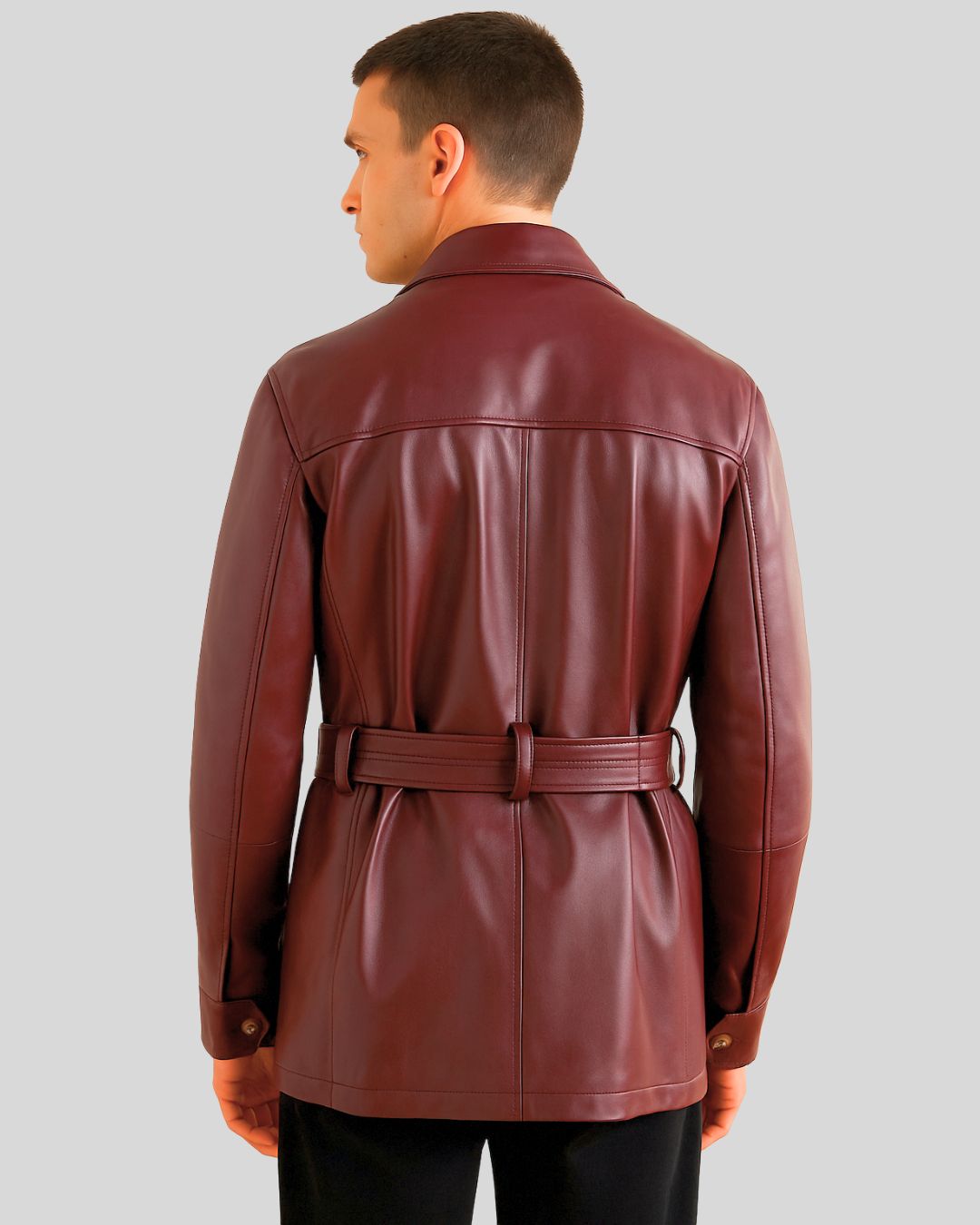 Back view of belted burgundy leather safari jacket