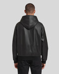Back view of matte black varsity hoodie leather jacket