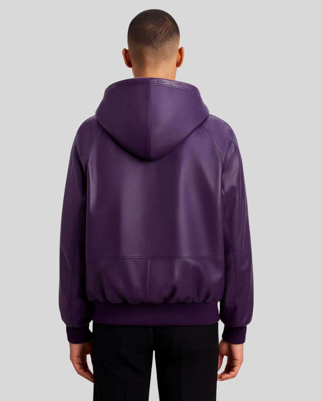 Rear view of purple leather bomber jacket with hood