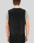 Rear view of black suede fringe vest showing yoke design and back fringe