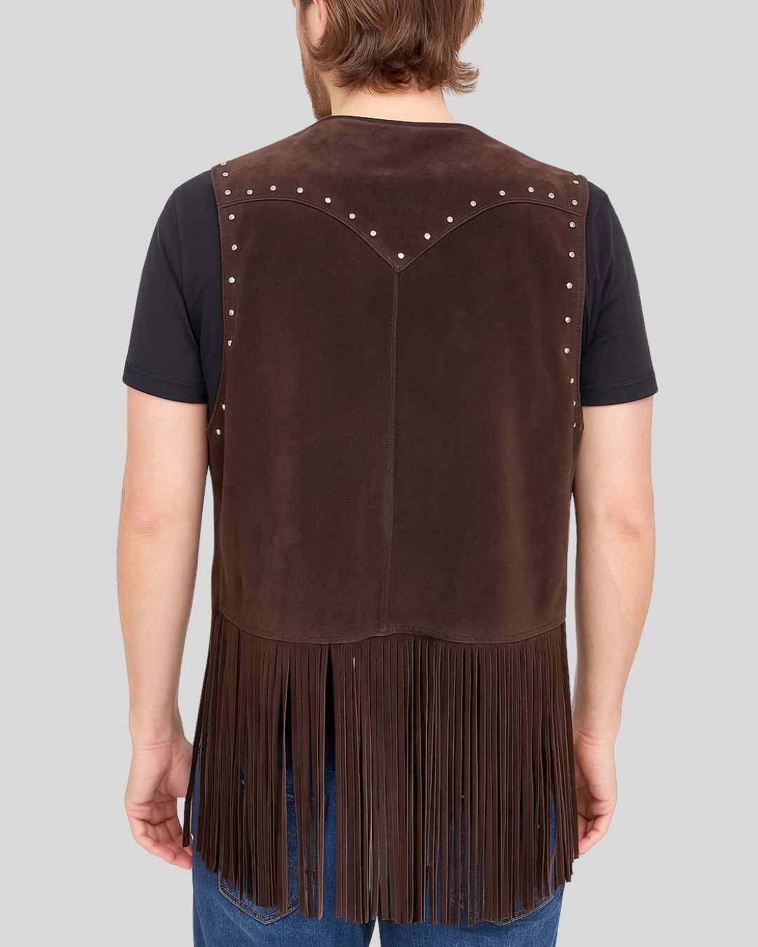 Coffee Brown Suede Fringe Vest Men front view with studs and long fringe