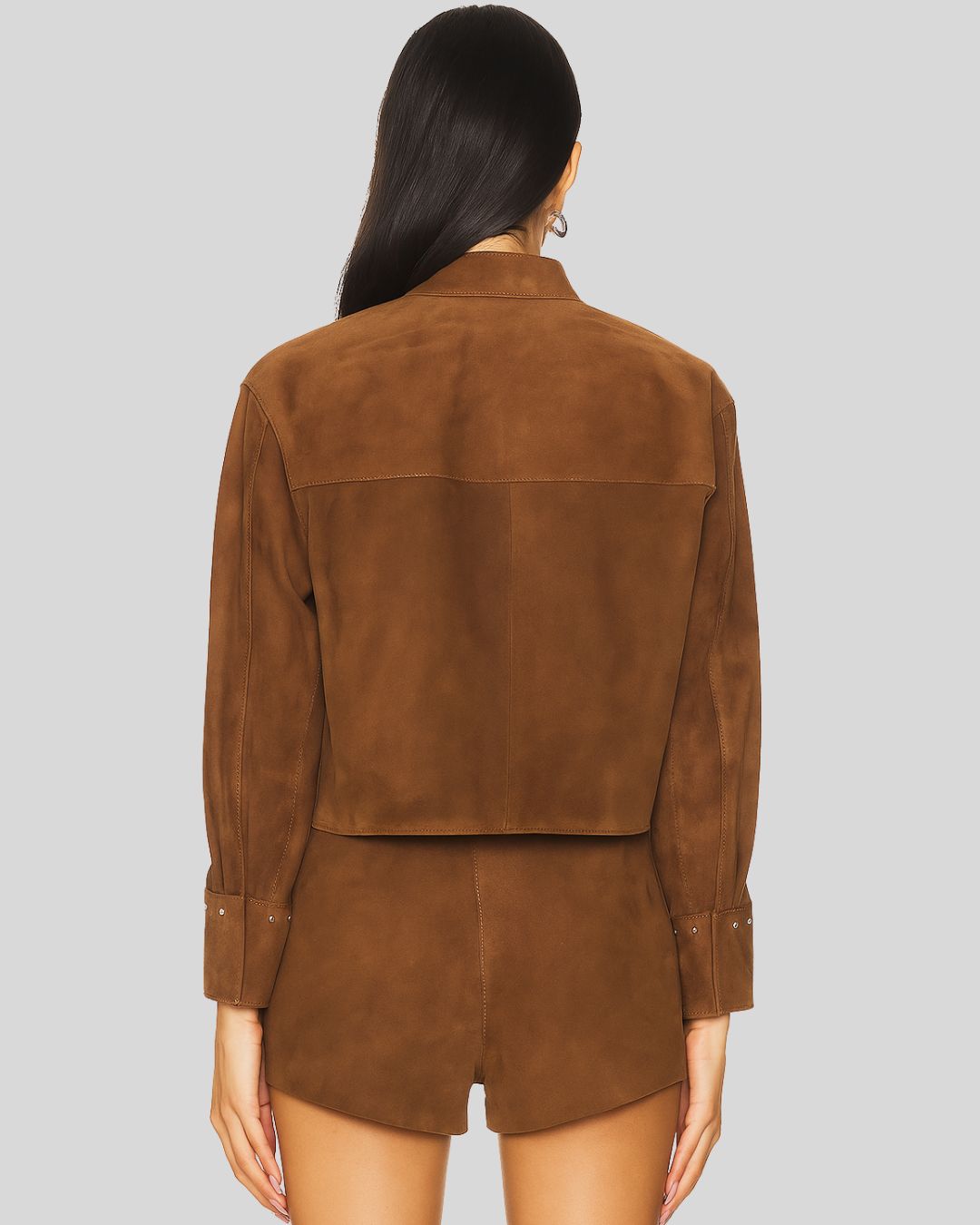 Back view of suede cropped jacket showing plain suede finish