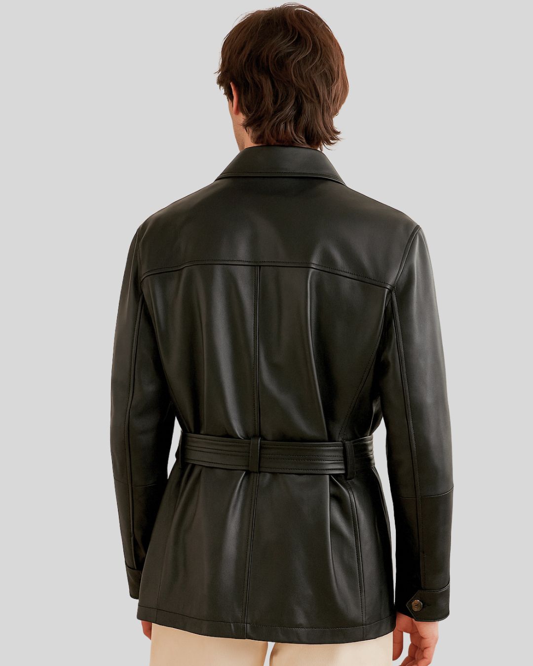 Back view of belted black leather safari jacket