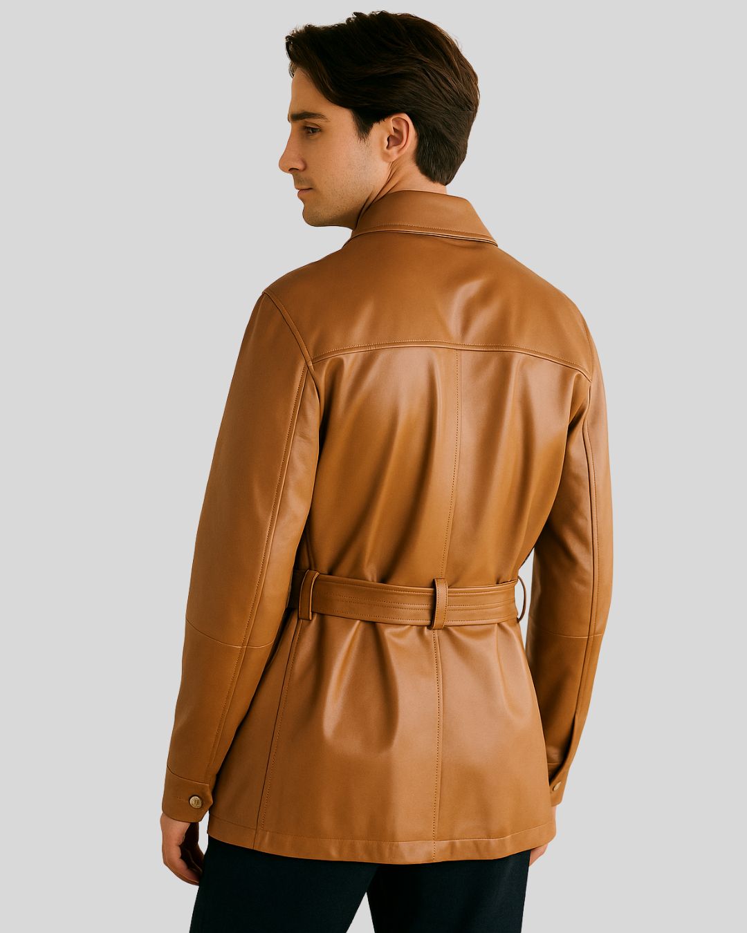 Rear side of men’s tan safari leather jacket showing back belt