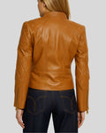 Women’s camel leather moto jacket with quilted sleeves – back view