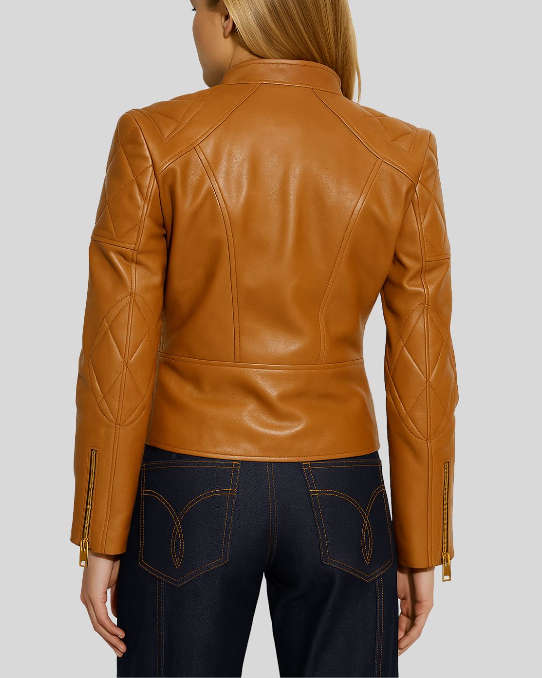 Women’s camel leather moto jacket with quilted sleeves – back view