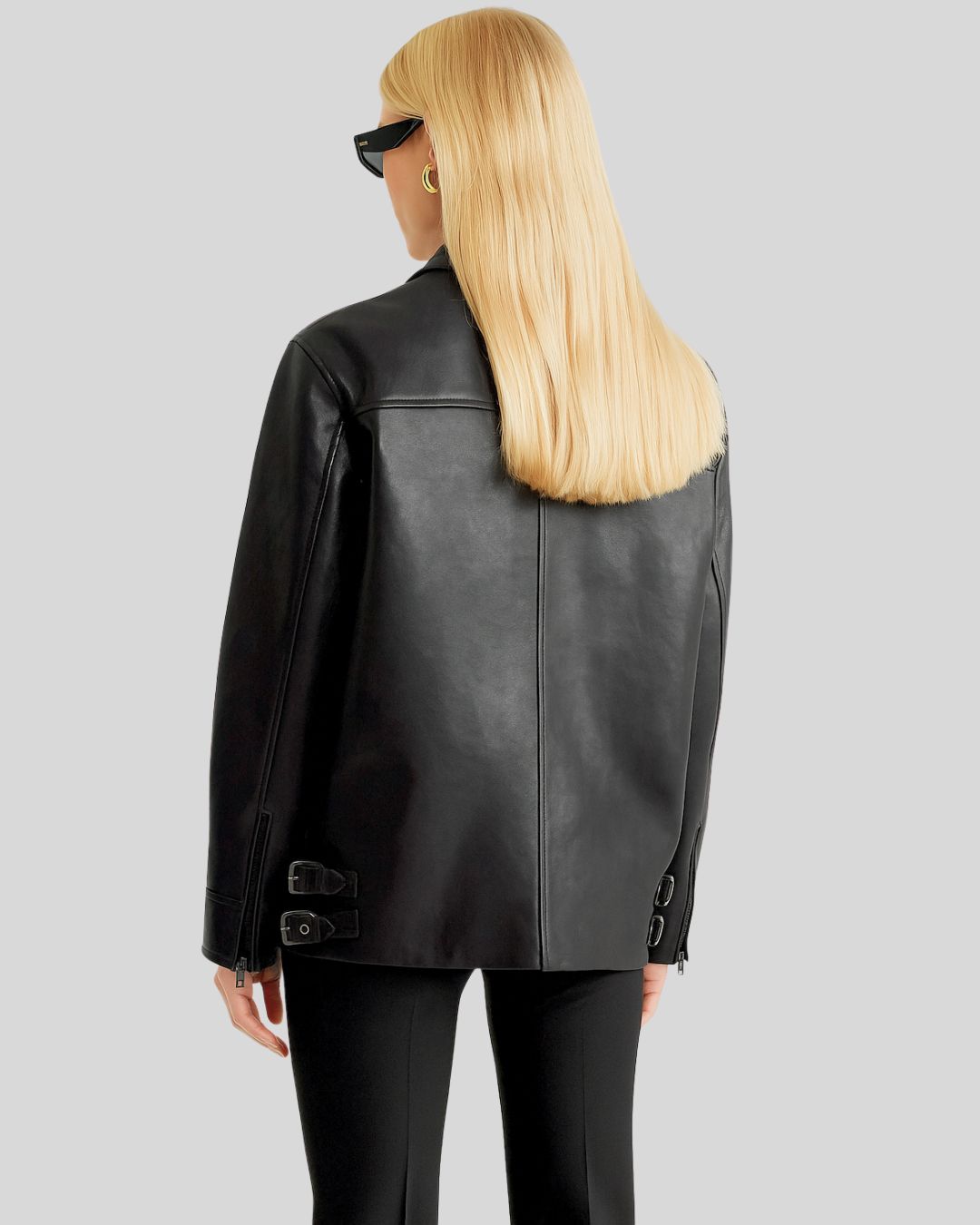Black leather zip jacket for women with minimalist design and pointed collar