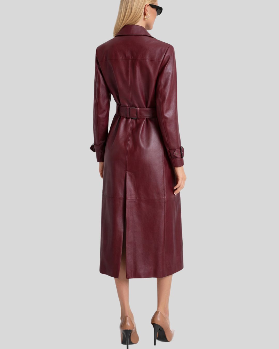 Belted Burgundy Leather Trench Coat – Back View