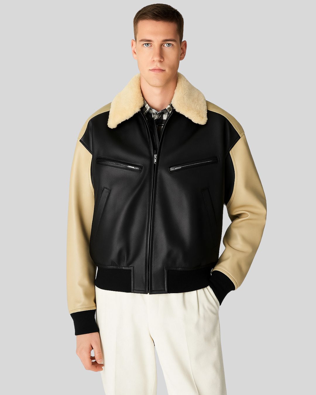 Front view of beige shearling collar leather jacket with contrast sleeves