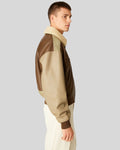 Side Profile of Two-Tone Brown Leather Jacket with Shearling Collar