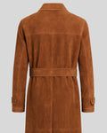Close up Rear view of belted brown suede trench coat for men