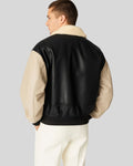Rear view of men's two-tone bomber jacket with ribbed waist