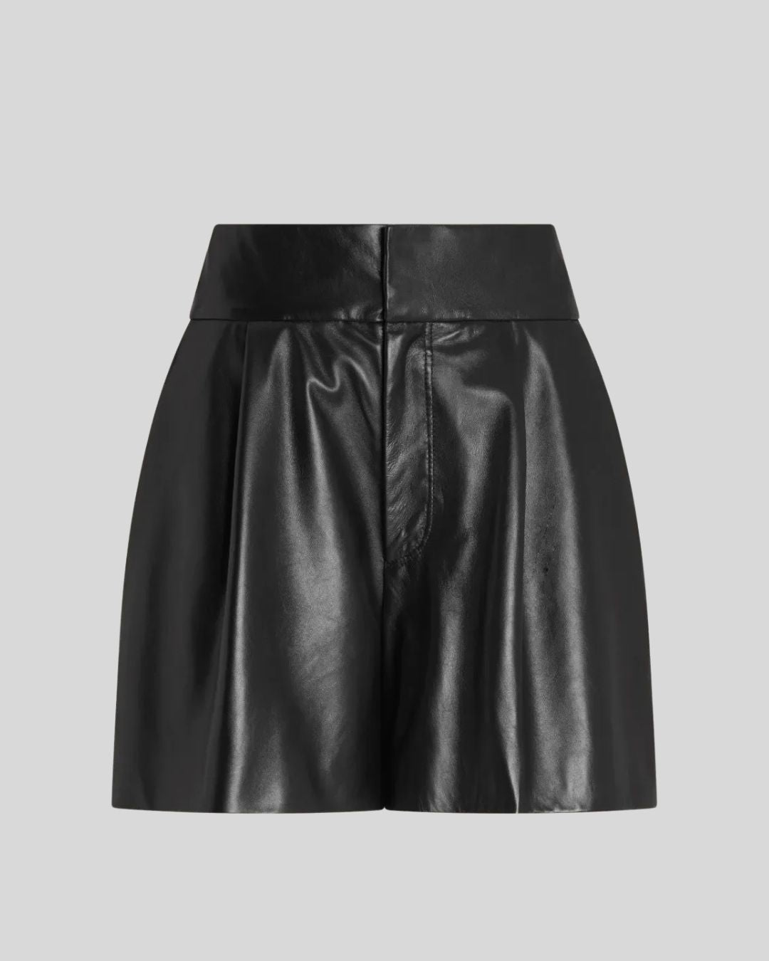Black high waisted leather shorts women’s front view