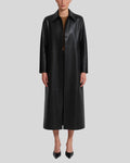 Black lambskin trench coat for women with open button closure