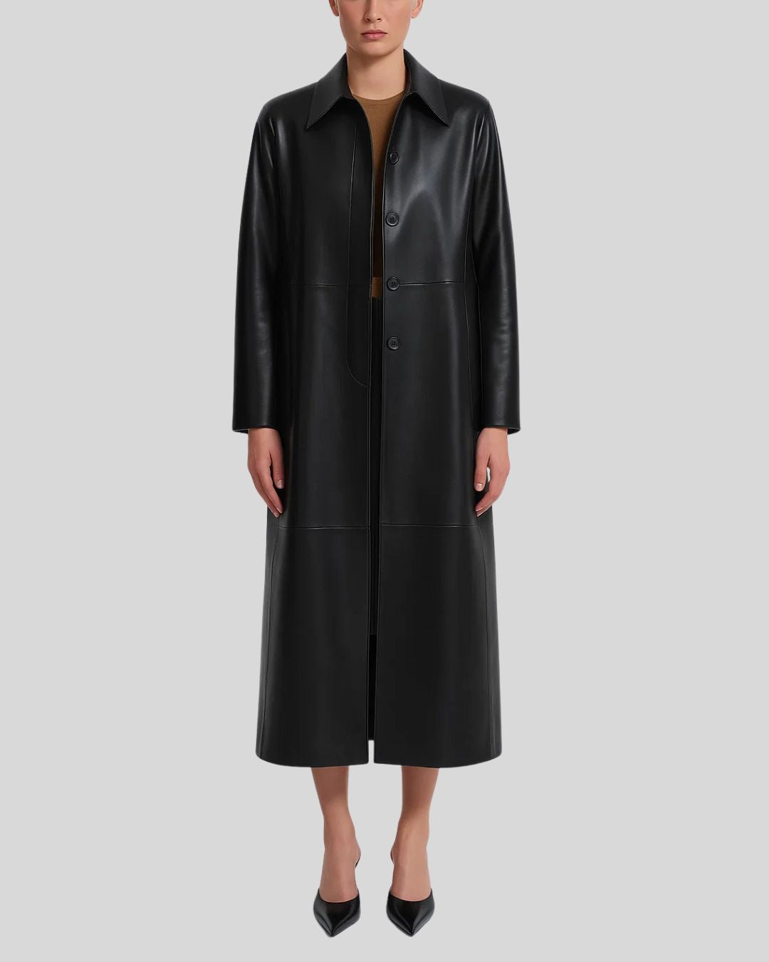 Black lambskin trench coat for women with open button closure