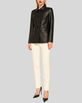 Front close-up of minimalist black leather jacket for women with tonal matte buttons